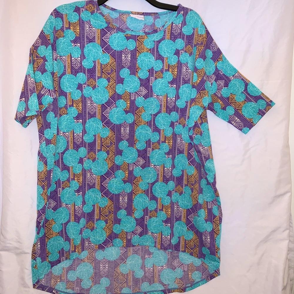 Like New M Womens Lularoe Disney Teal/Purple Aztec Irma Minnie Mouse Tunic.